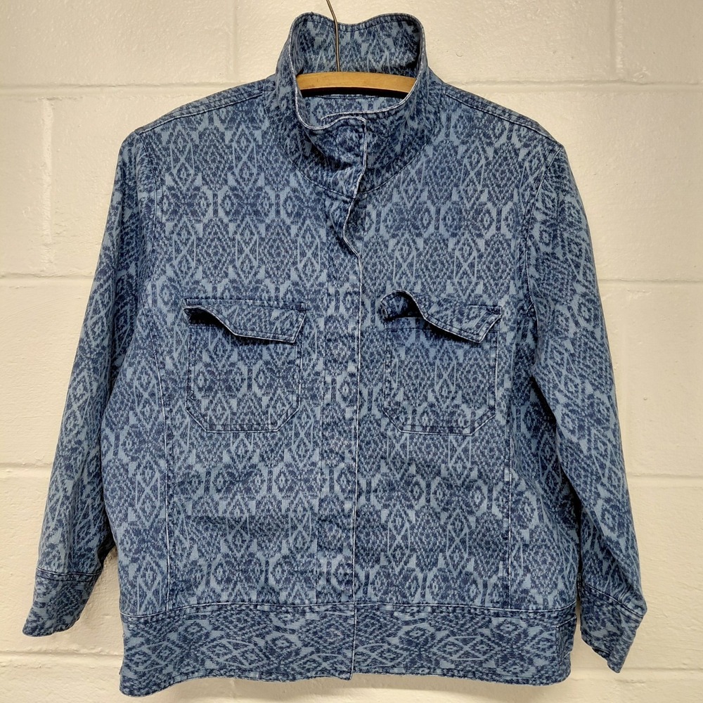 Ruby Rd Cotton Denim Jacket Snake Print Snap Button Pockets Mock Collar Size 16